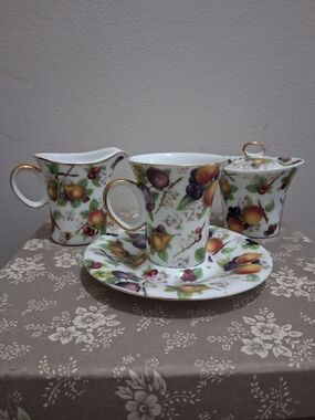 Fruit Pattern Porcelain Tea Set - Gold Trim